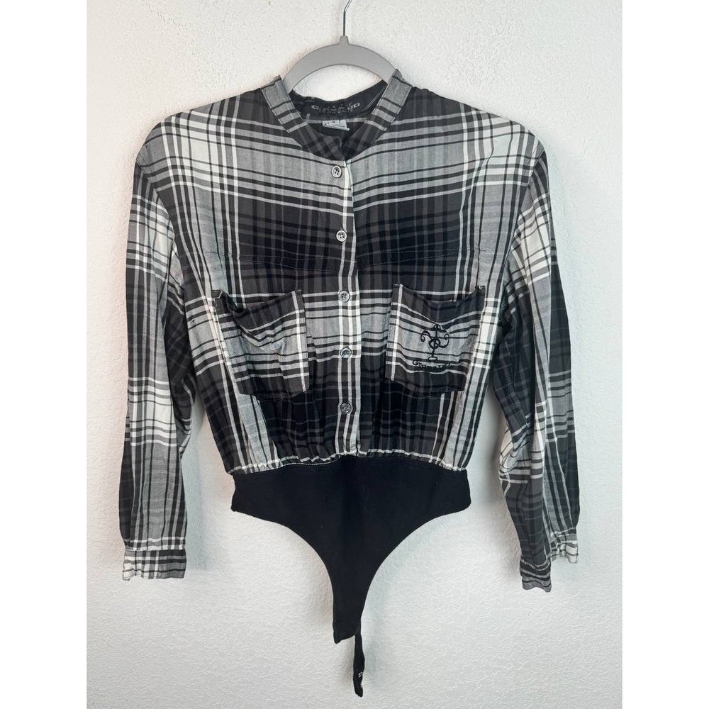 Marithe Francois Girbaud Bodysuit Top S Gray Plaid Button Front Y2K Grunge‎ Vtg